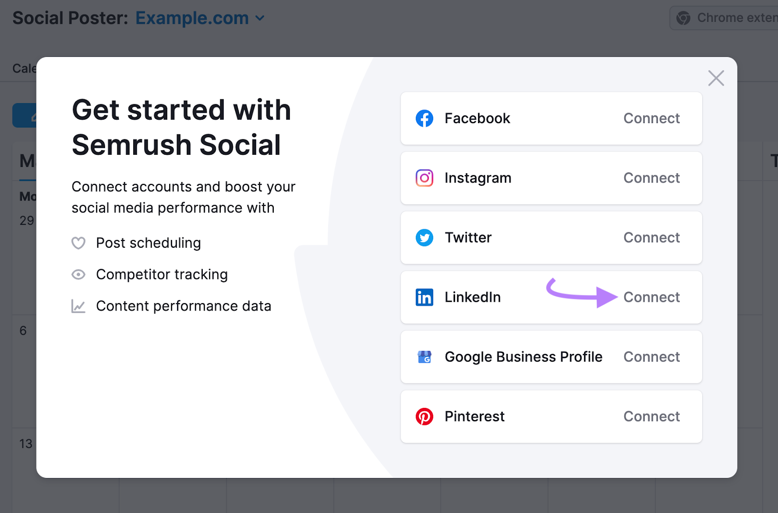 Semrush social start screen with LinkedIn connect button highlighted