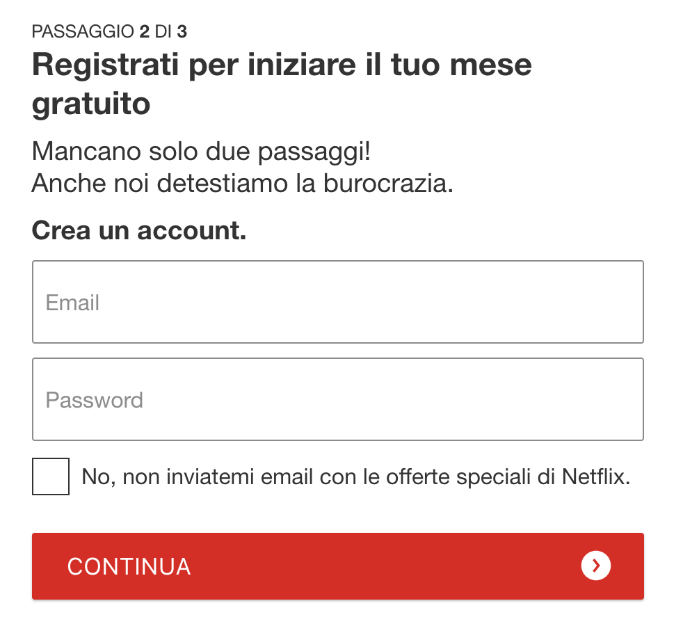 Esempio di Microcpy: la pagina di registrazione di Netflix