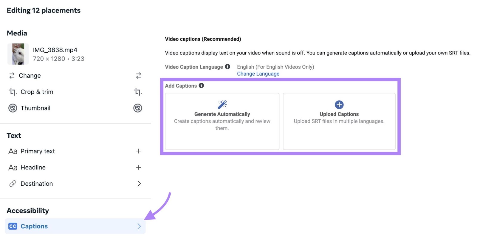 'Captions' window on Meta Ads Manager with options to add subtitles by uploading an SRT file or generating them automatically.