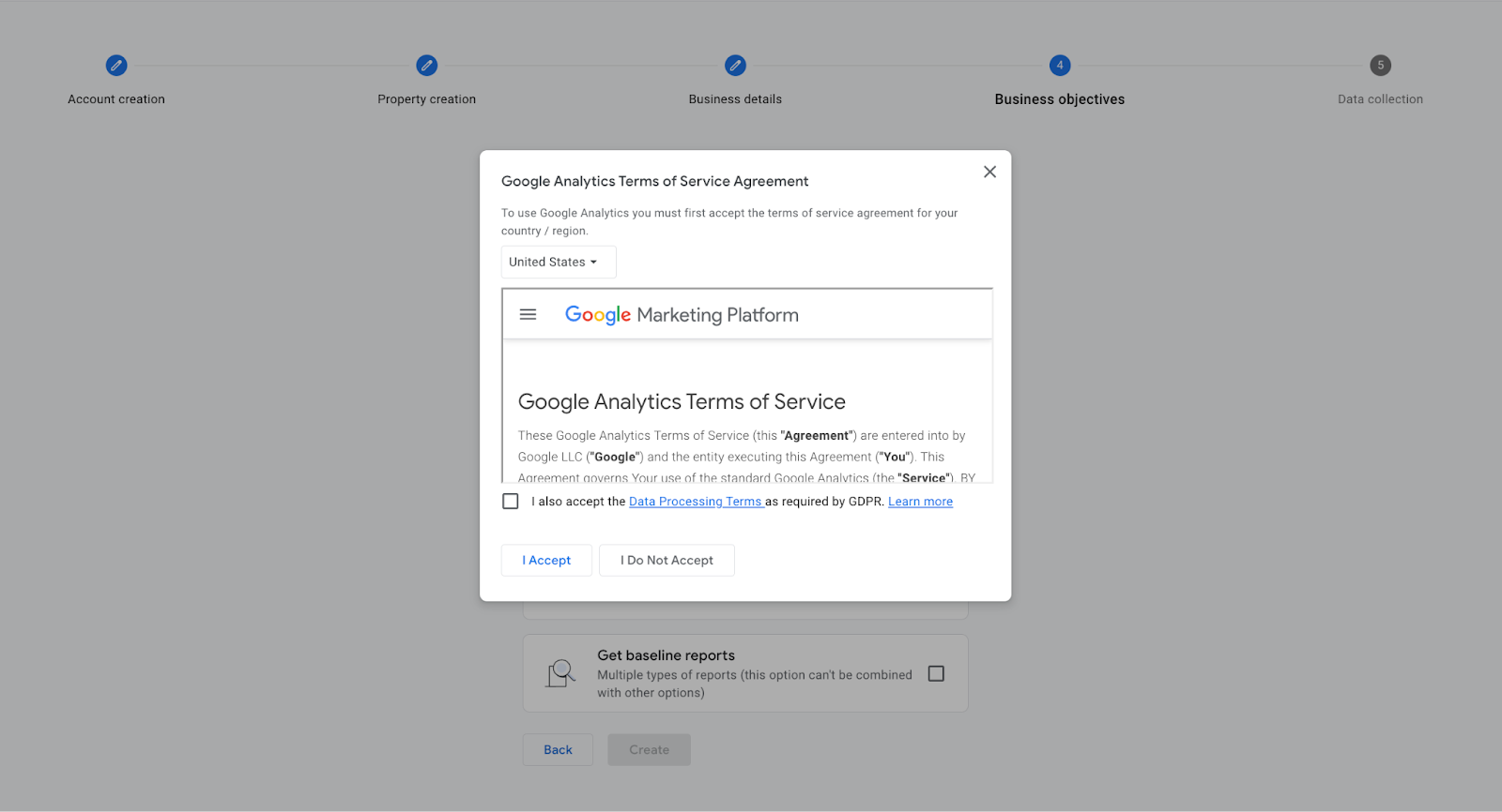 Google Analytics 'Terms of Service' agreement that outlines data collection policies and processing terms.