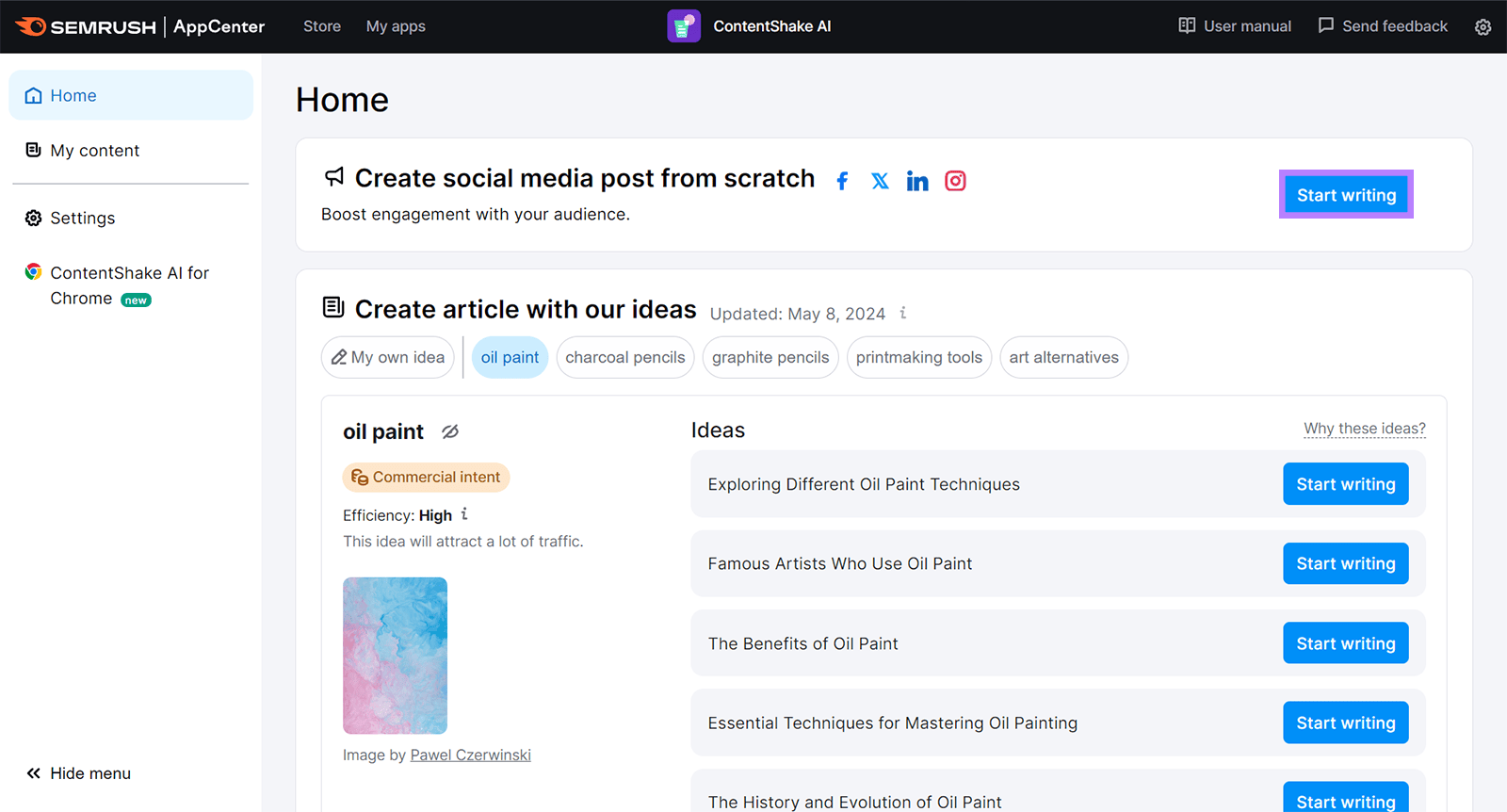 ContentShake AI home page with Start writing button highlighted.