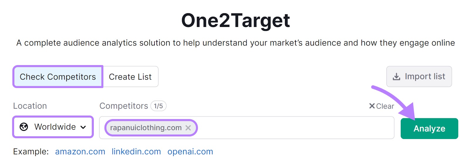 "rapanuiclothing.com" entered into One2Target tool search bar
