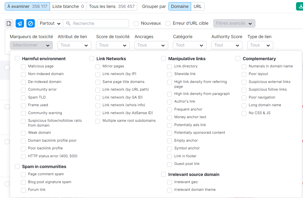 Backlink Audit, marqueurs de toxicité