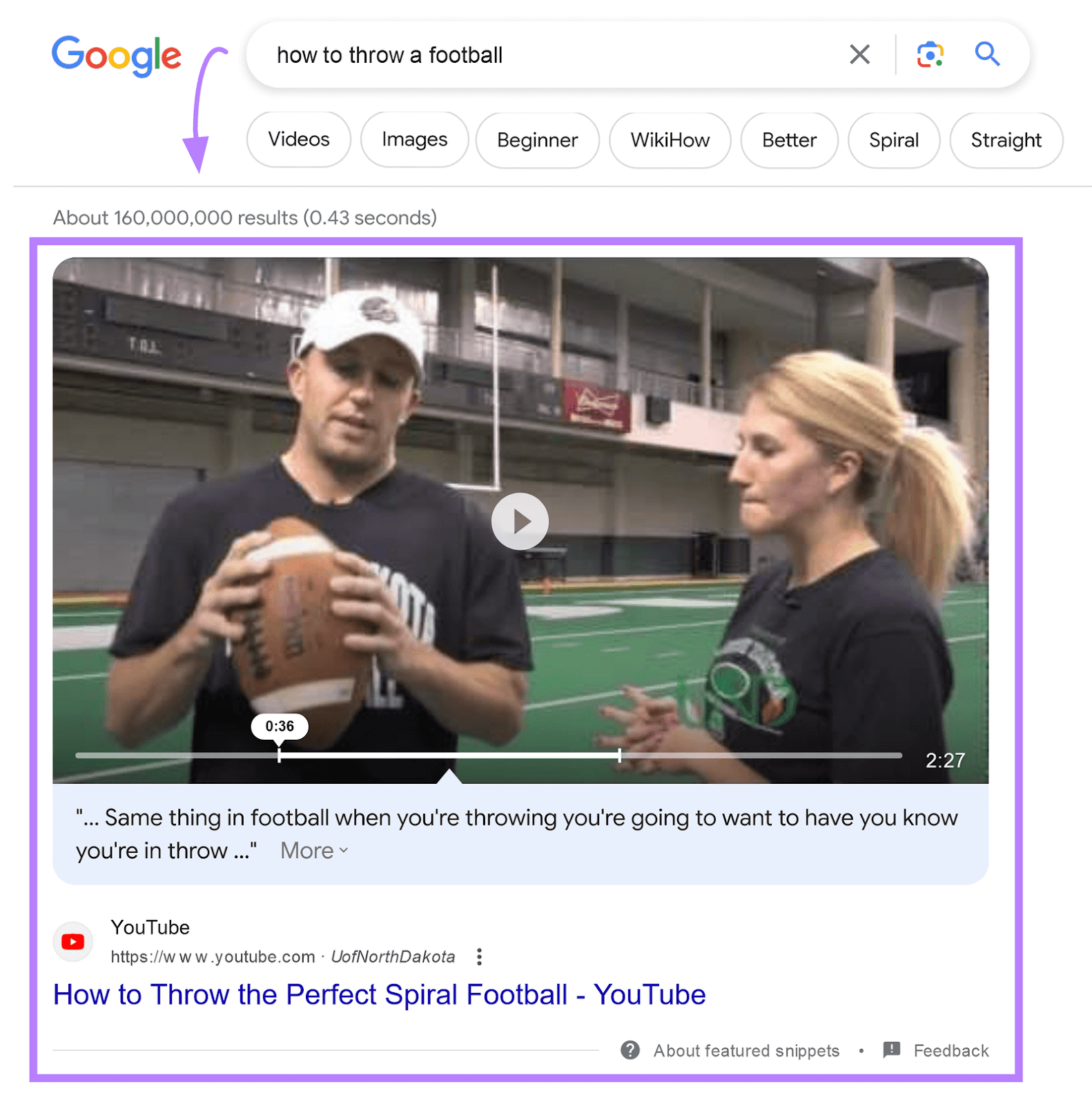 Featured video illustration  connected  Google SERP for the keyword "how to propulsion  a football."