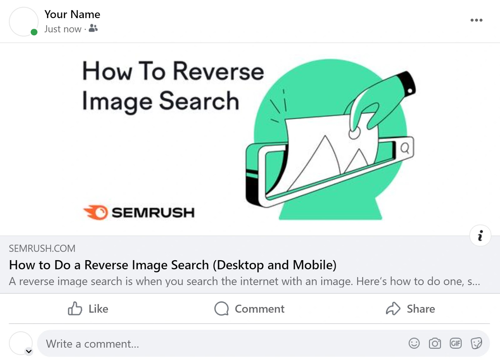 Semrush's blog post about reverse image search shared on Facebook