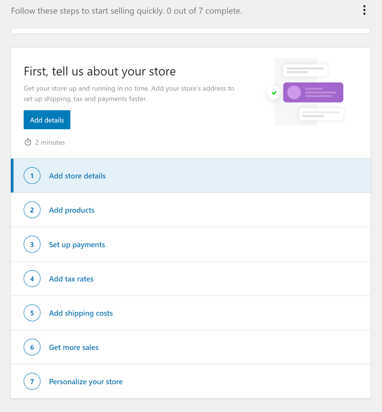 seven steps in WooCommerce for setting up a site