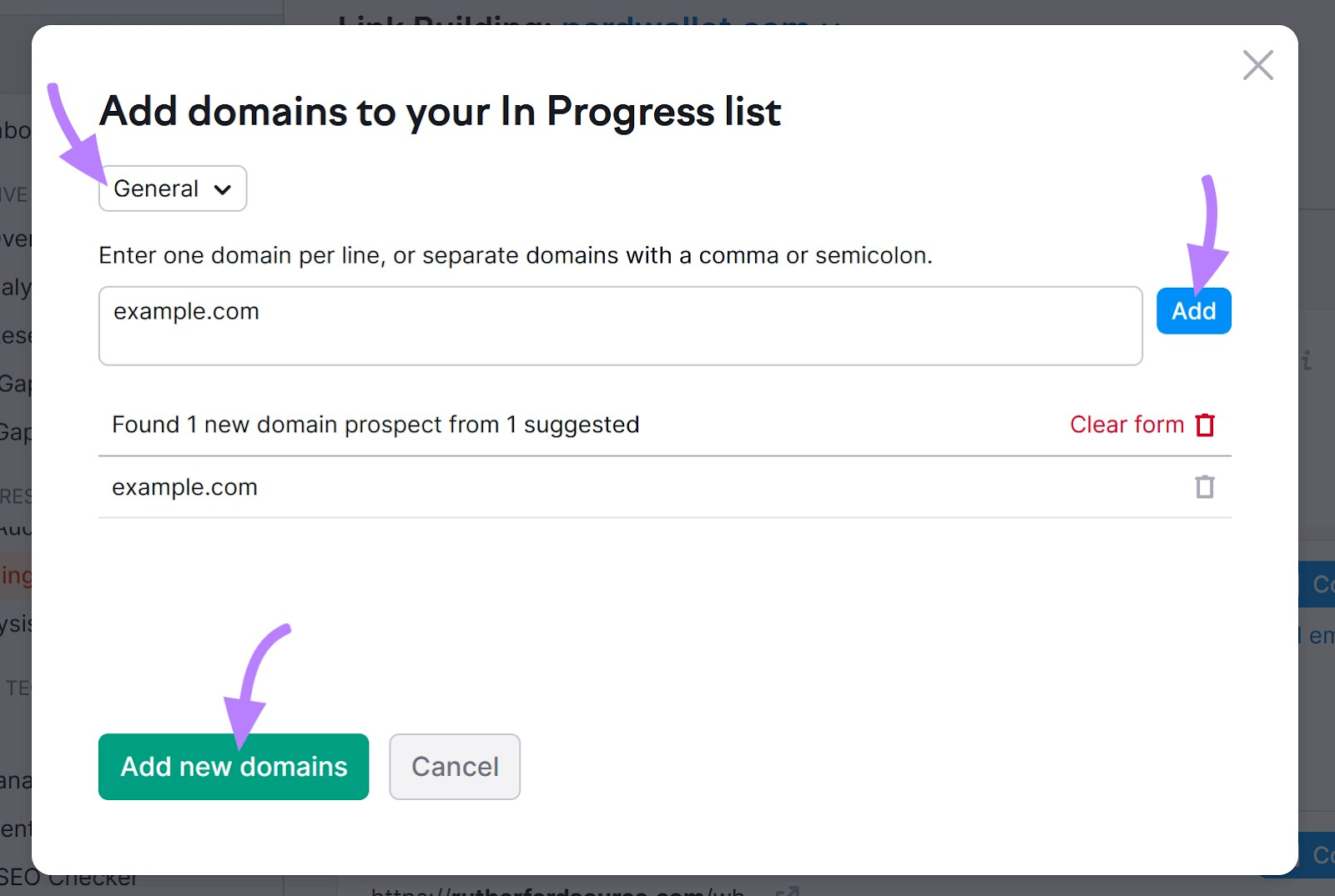 "Add domains to your In Progress list" page