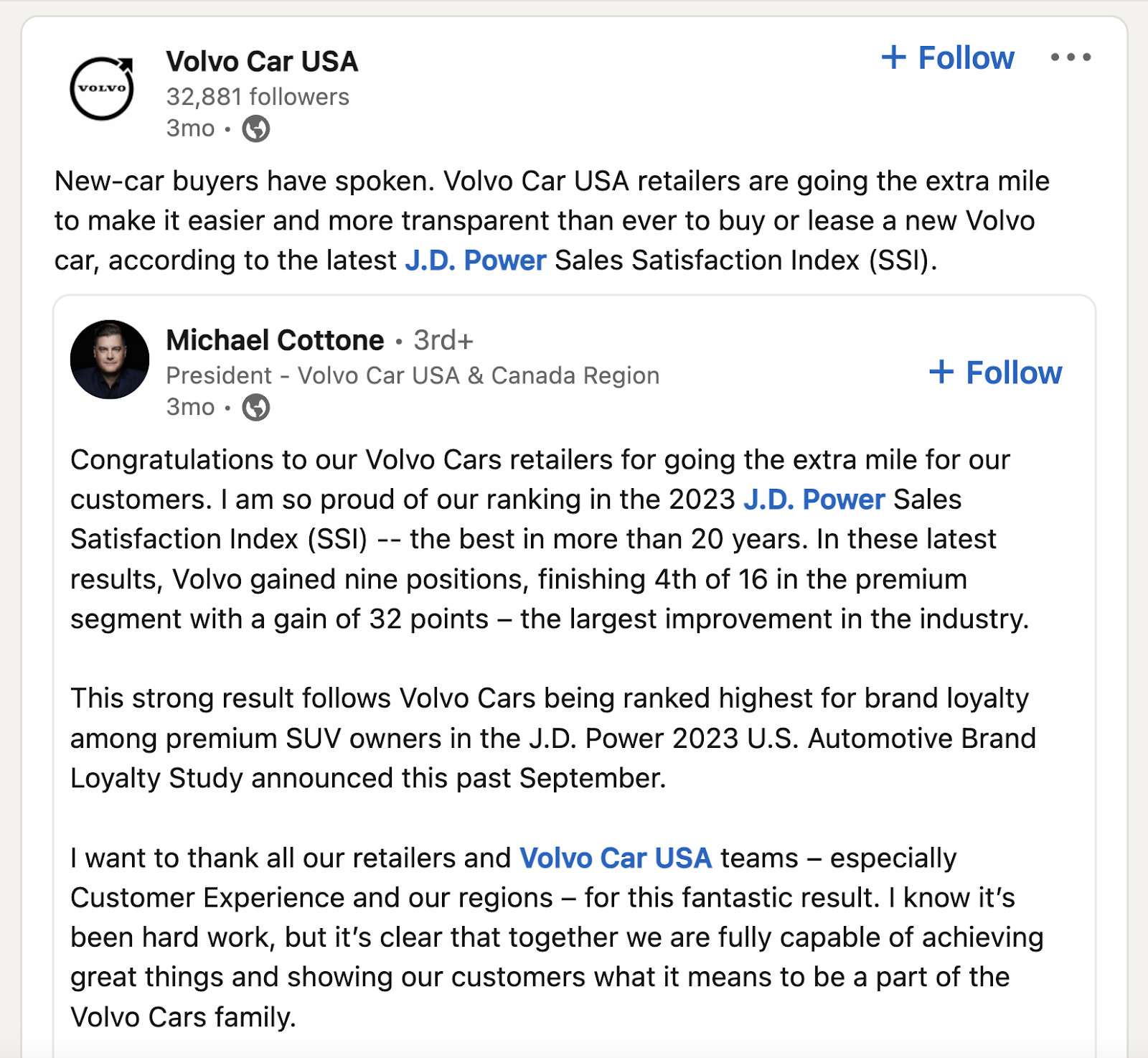 LinkedIn post from Volvo Car USA