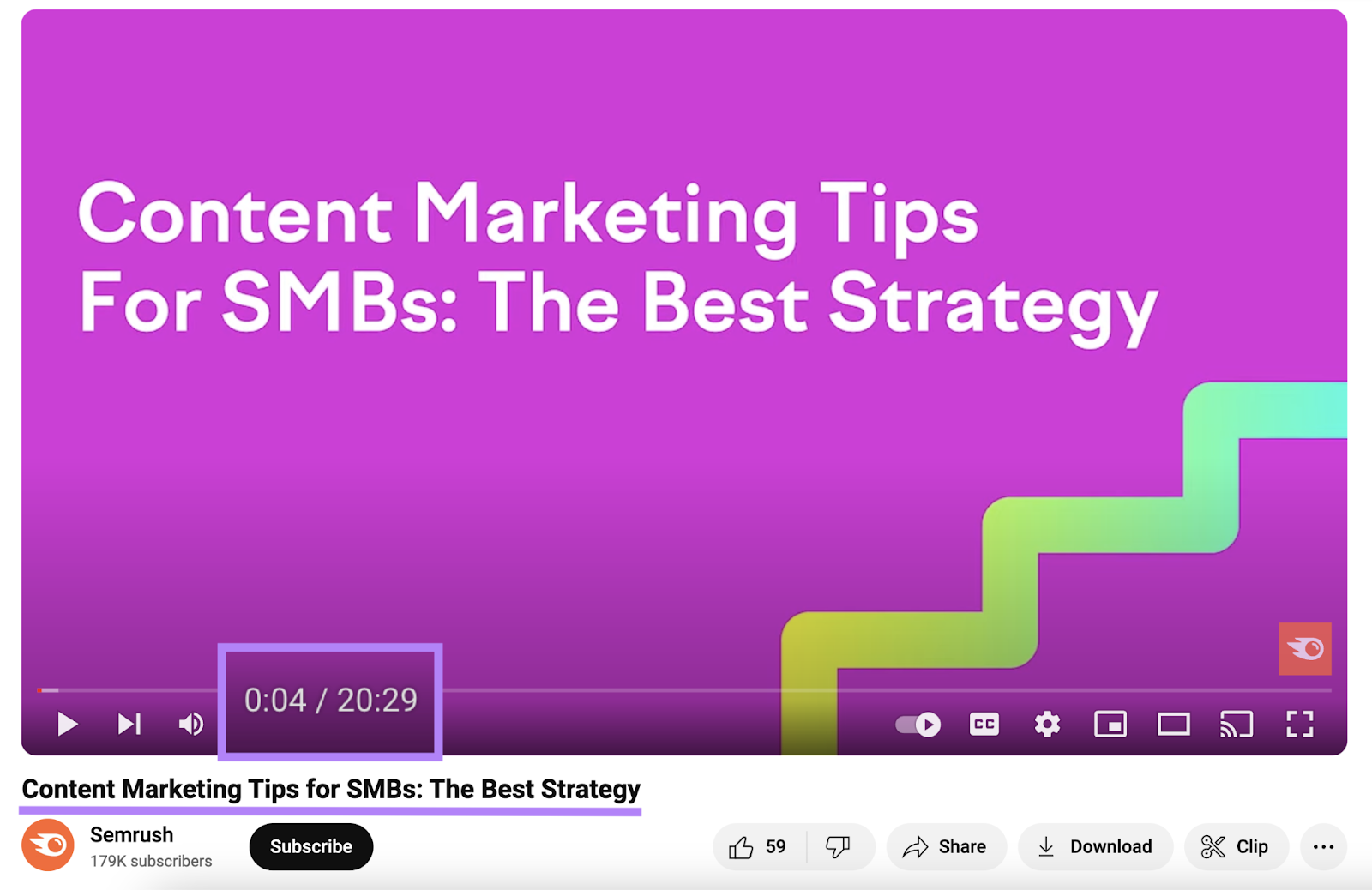 Semrush content marketing tips for smbs video highlighting the title and video length of 20 minutes