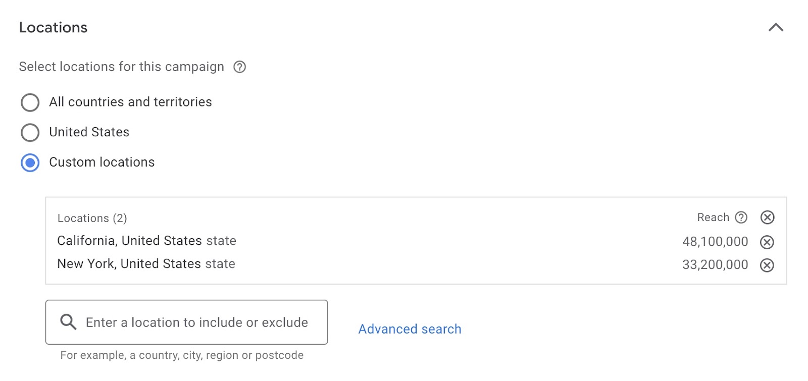 Location settings on Google Ads with options to choose a specific country, all countries and territories, or custom locations.