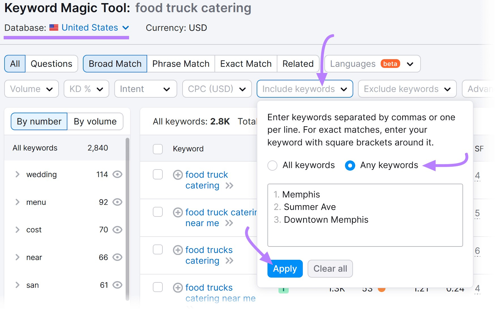 results for "food truck catering" search in the tool with "Include keywords" filter shown