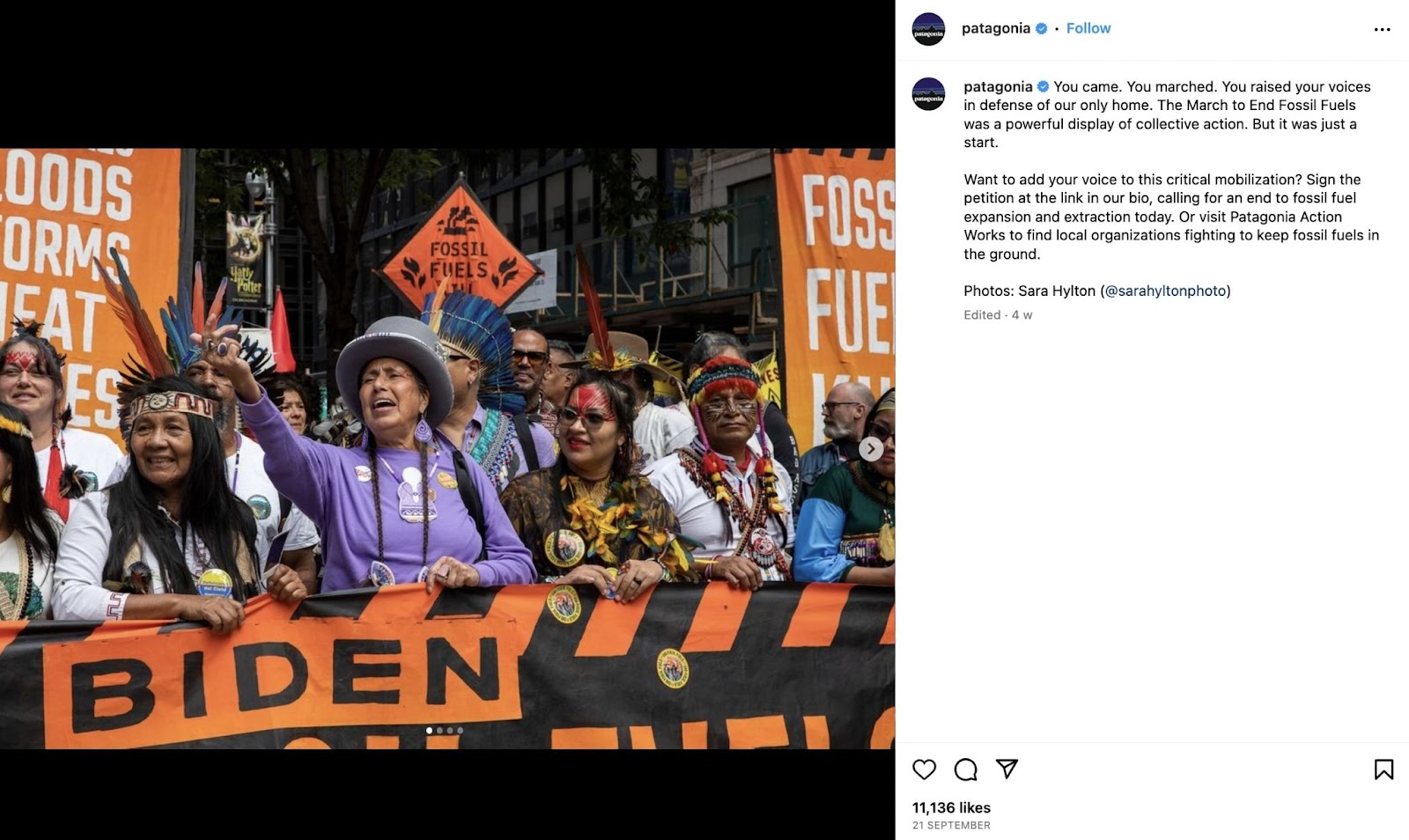 Patagonia's Instagram post from March to End Fossil Fuels protest