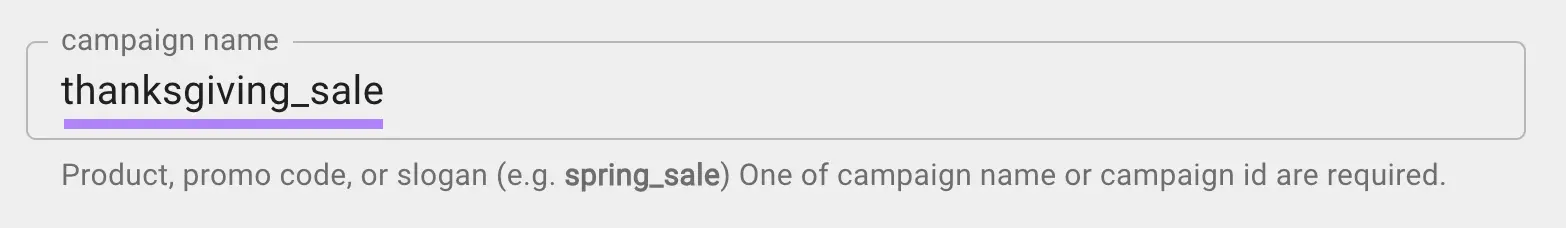 campaign sanction  tract  with "thanksgiving_sale" entered connected  Google’s Campaign URL Builder