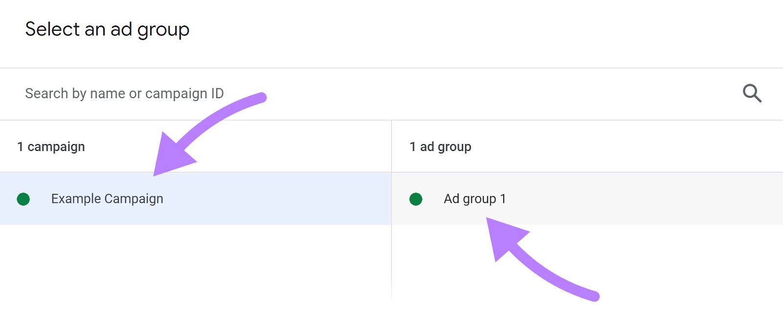 "Select an ad group" window in Google Ads
