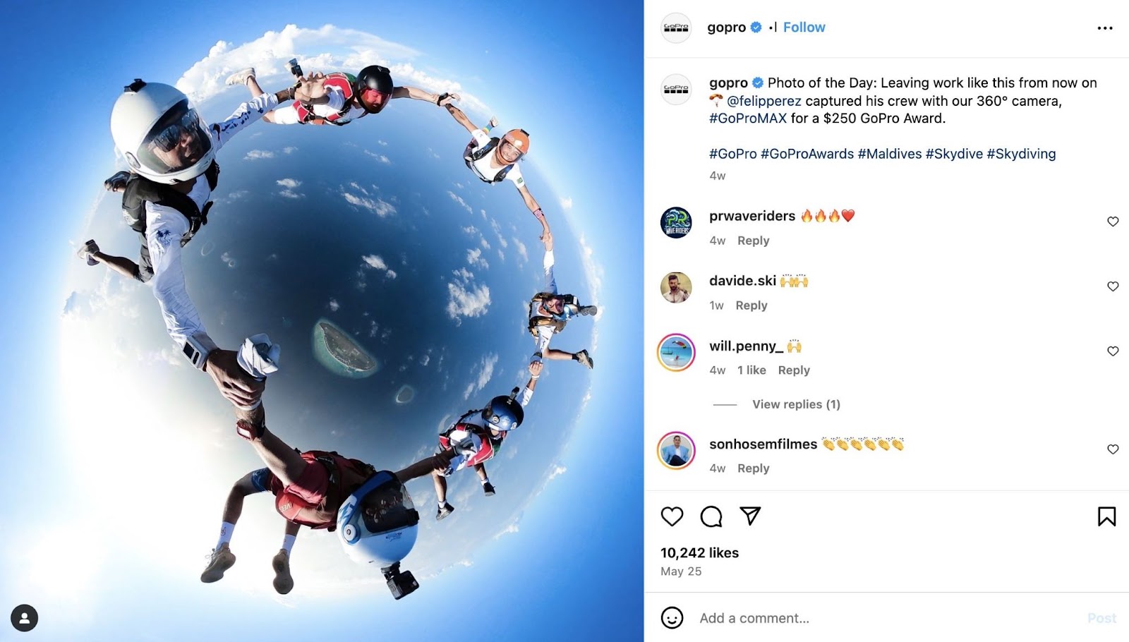 Social media post showing a high-quality photo of a group holding hands while sky diving by GoPro on Instagram.