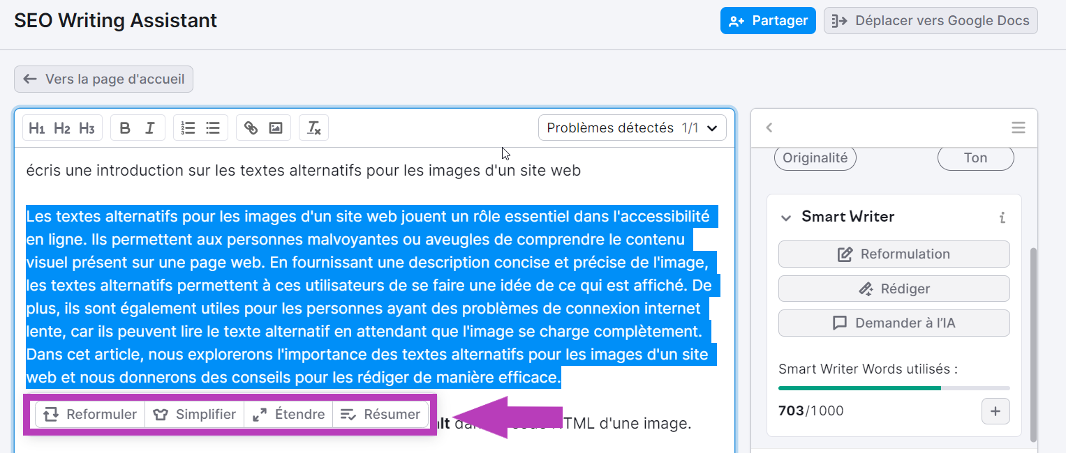 Option de reformulation, de simplification, d'extension et de résumé dans SEO Writing Assistant