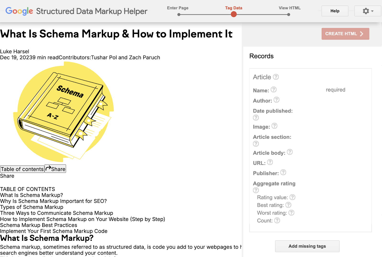 Article is loaded into the Structured Data Markup Helper.