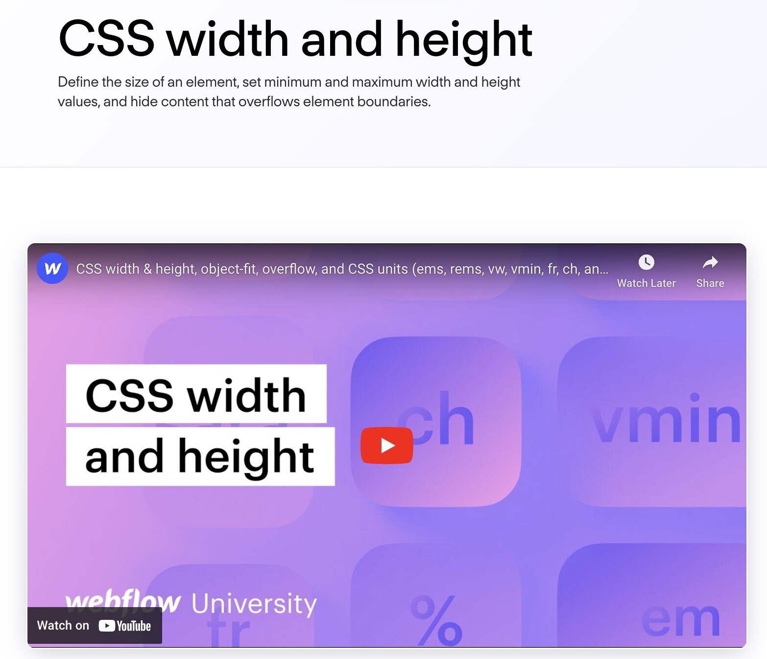 "CSS width and height" lesson on Webflow University