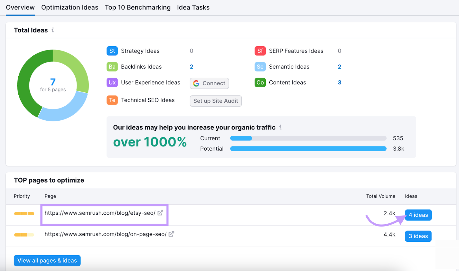 an overview dashboard in On Page SEO Checker shows strategy, backlinks, user experience, technical seo, and other ideas
