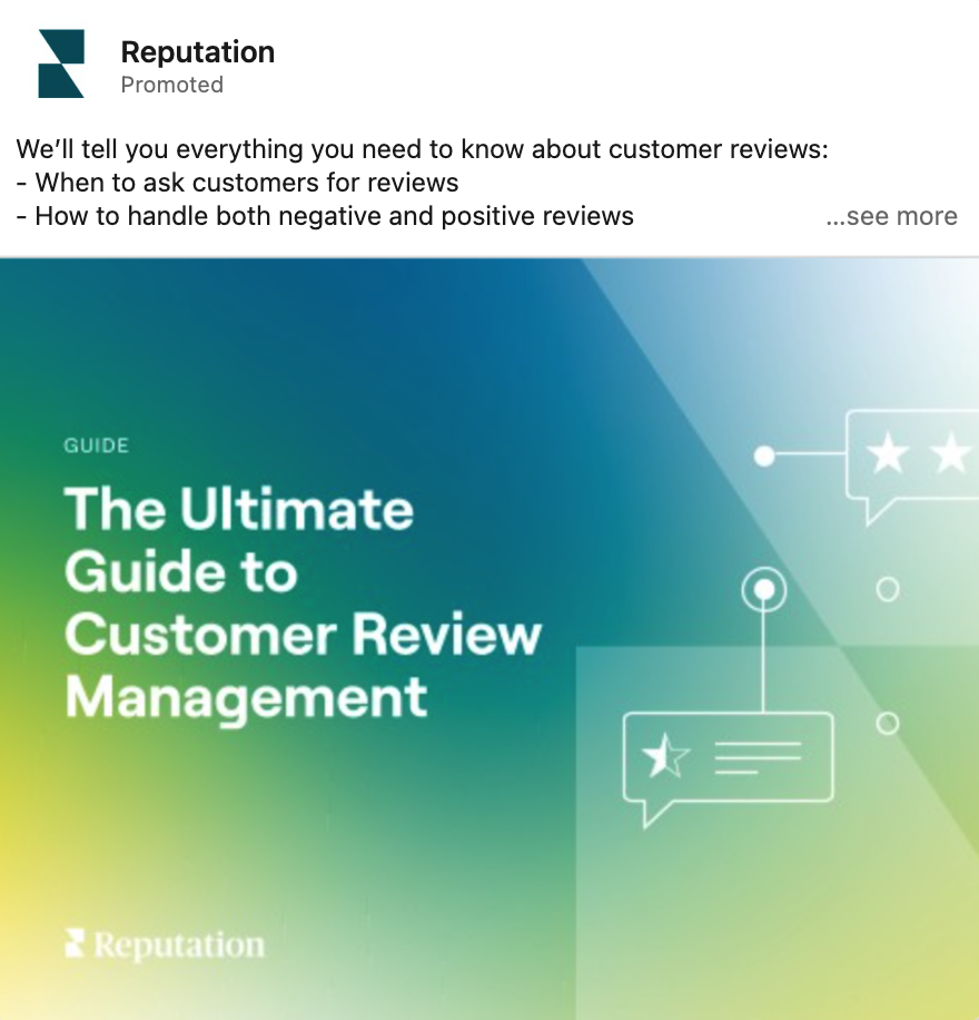 Reputation's LinkedIn ad for "The Ultimate Guide to Customer Review Management"