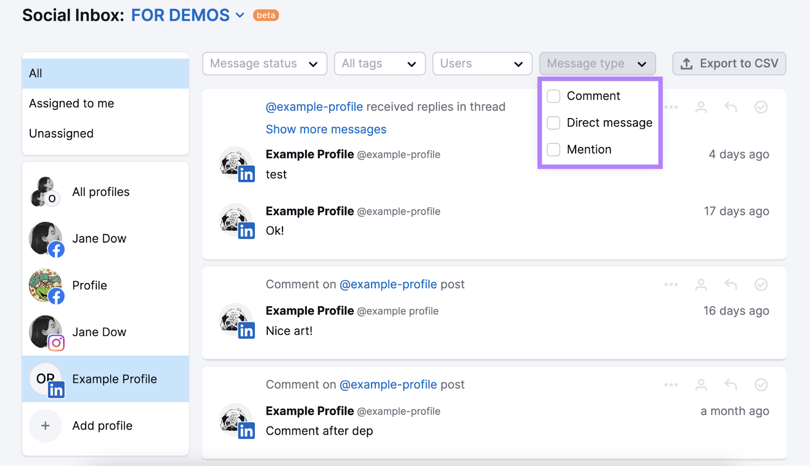 Semrush Social Inbox tool showing LinkedIn interface with comments, DMs and mentions displayed