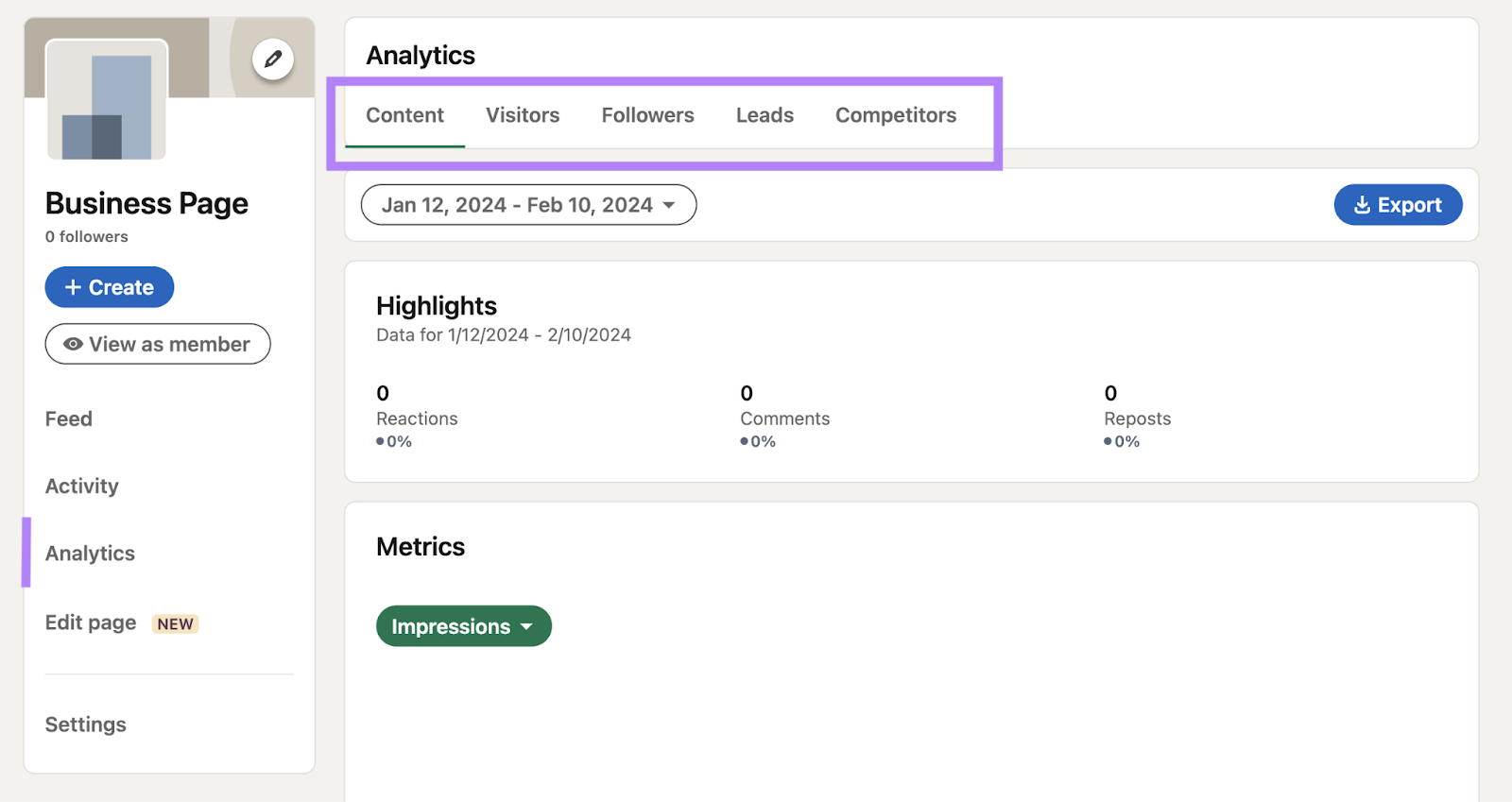 “Analytics” page in LinkedIn admin vew