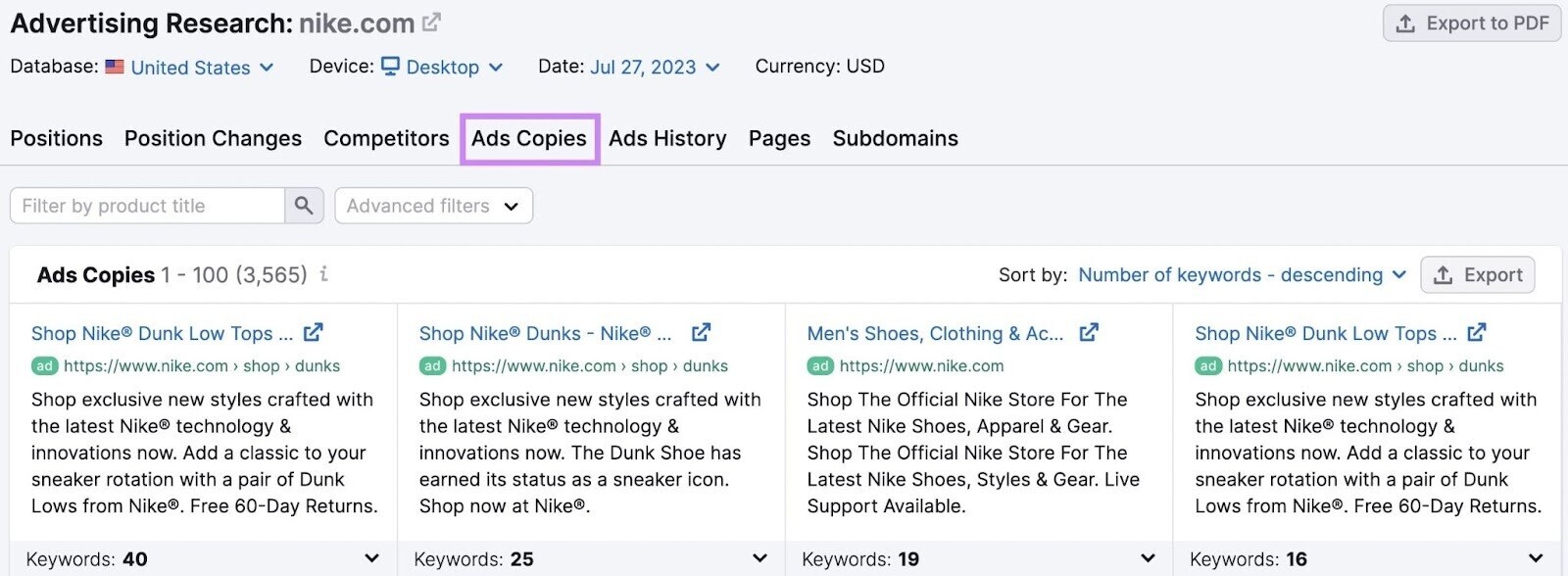 in “Ads Copies” tab successful  Advertising Research instrumentality   you tin  find   spot    your competitors’ existent  advertisement  transcript  and the corresponding keywords