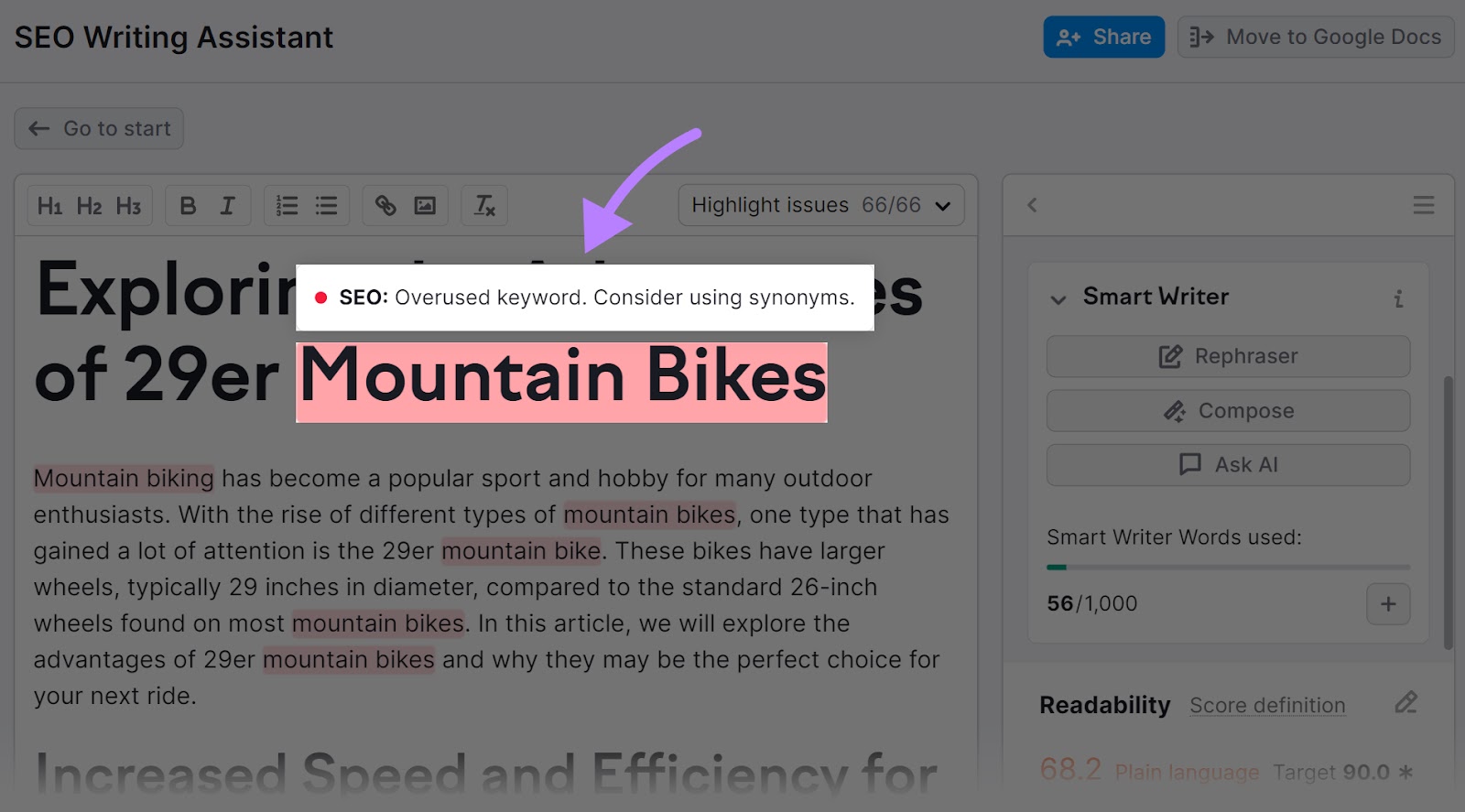 "mountain bikes" keyword highlighted successful  SEO Writing Assistant