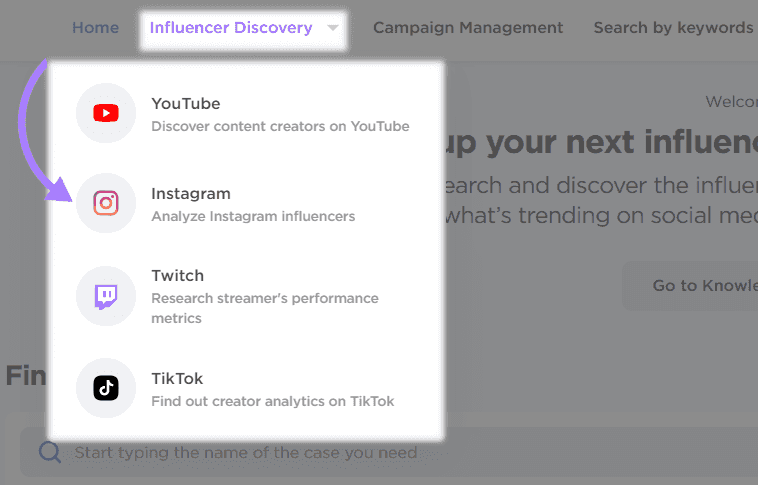 “Influencer Discovery” drop-down menu