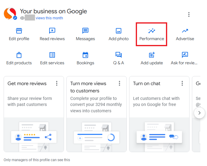 The Performance option in the Google SERP dashboard for businesses that have been added to Google Maps.