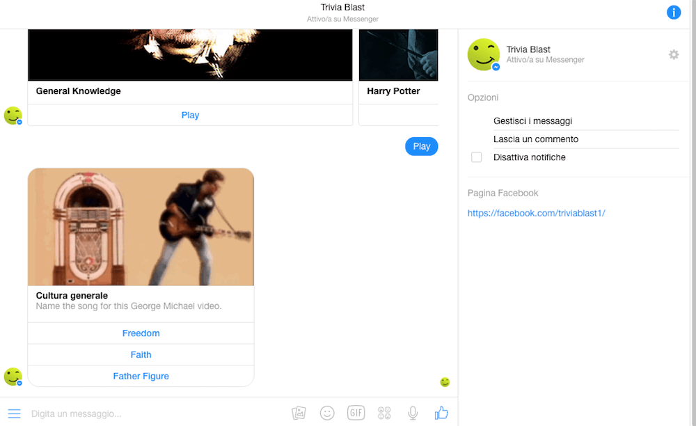 Esempio di chatbot su Facebook Messenger: Trivia Blast