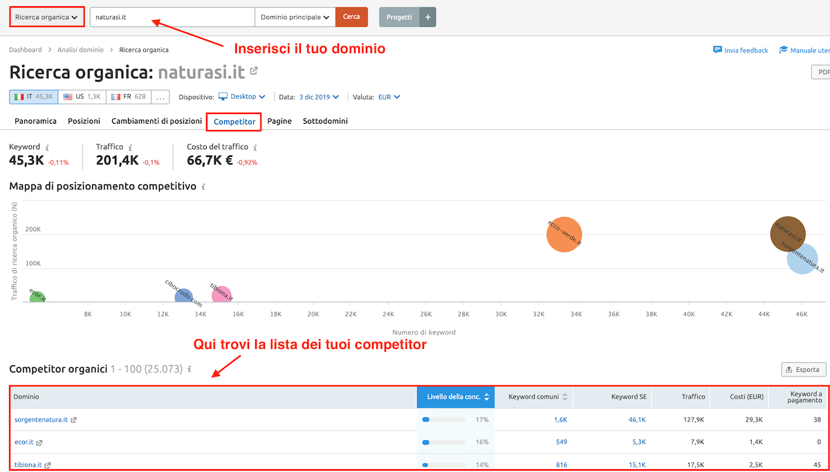 analisi dei siti web con lo strumento di SEMrush per la ricerca organica