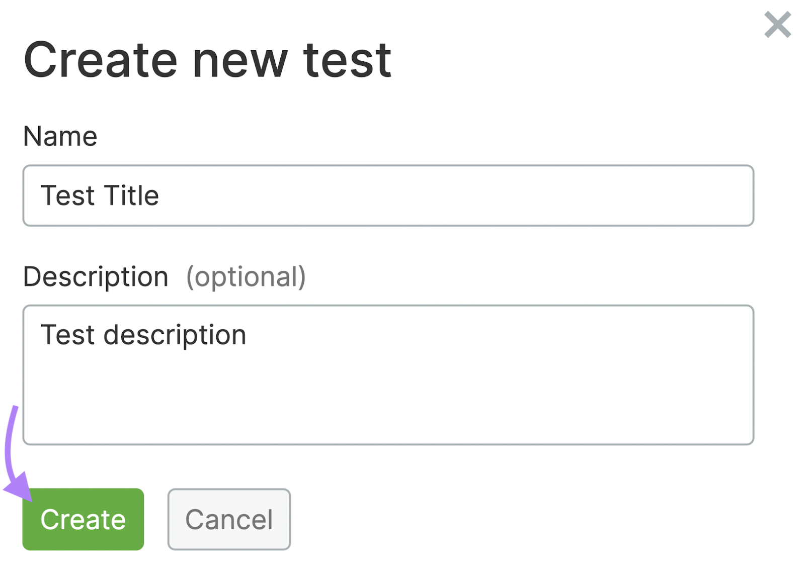 “Create new test” page