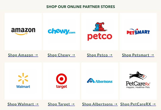 A section listing online partner stores and their logos from Greenies’ vendors page