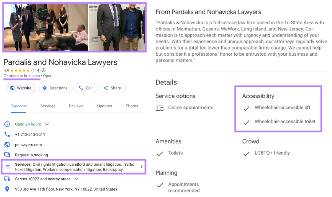 Pardalis and Nohavicka Lawyers' GBP with "7+ years in business" and other attributes highlighted