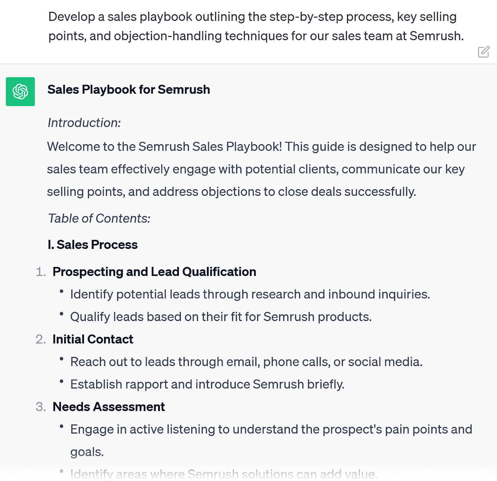 Eine Aufforderung an ChatGPT, ein Playbook für den Verkauf zu entwickeln, das den Prozess Schritt für Schritt beschreibt