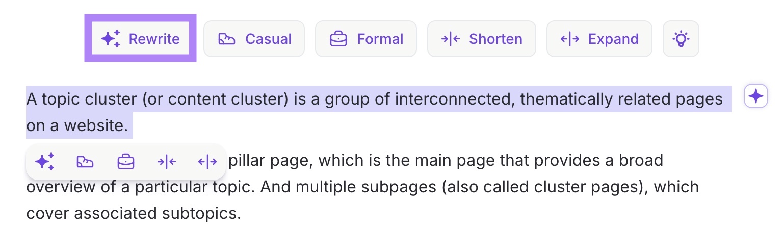 A sentence selected and "Rewrite" highlighted from the options above on WordTune.