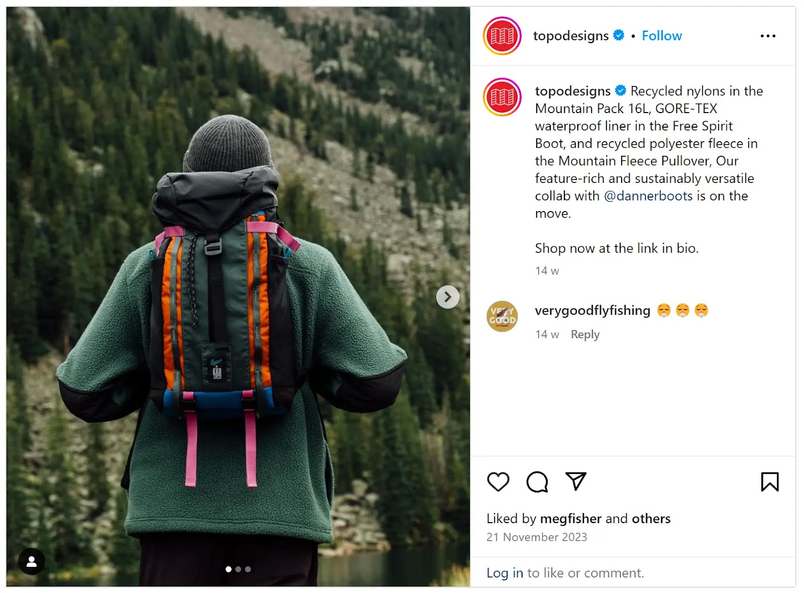 Instagram post from outdoor apparel company Topo Designs, promoting their products