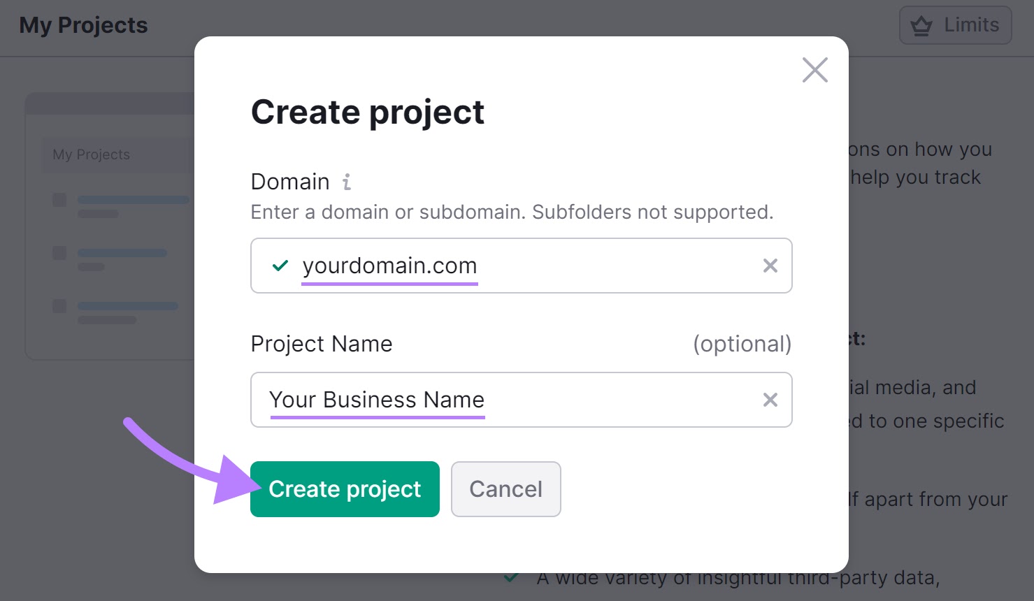 "Create project" pop-up window
