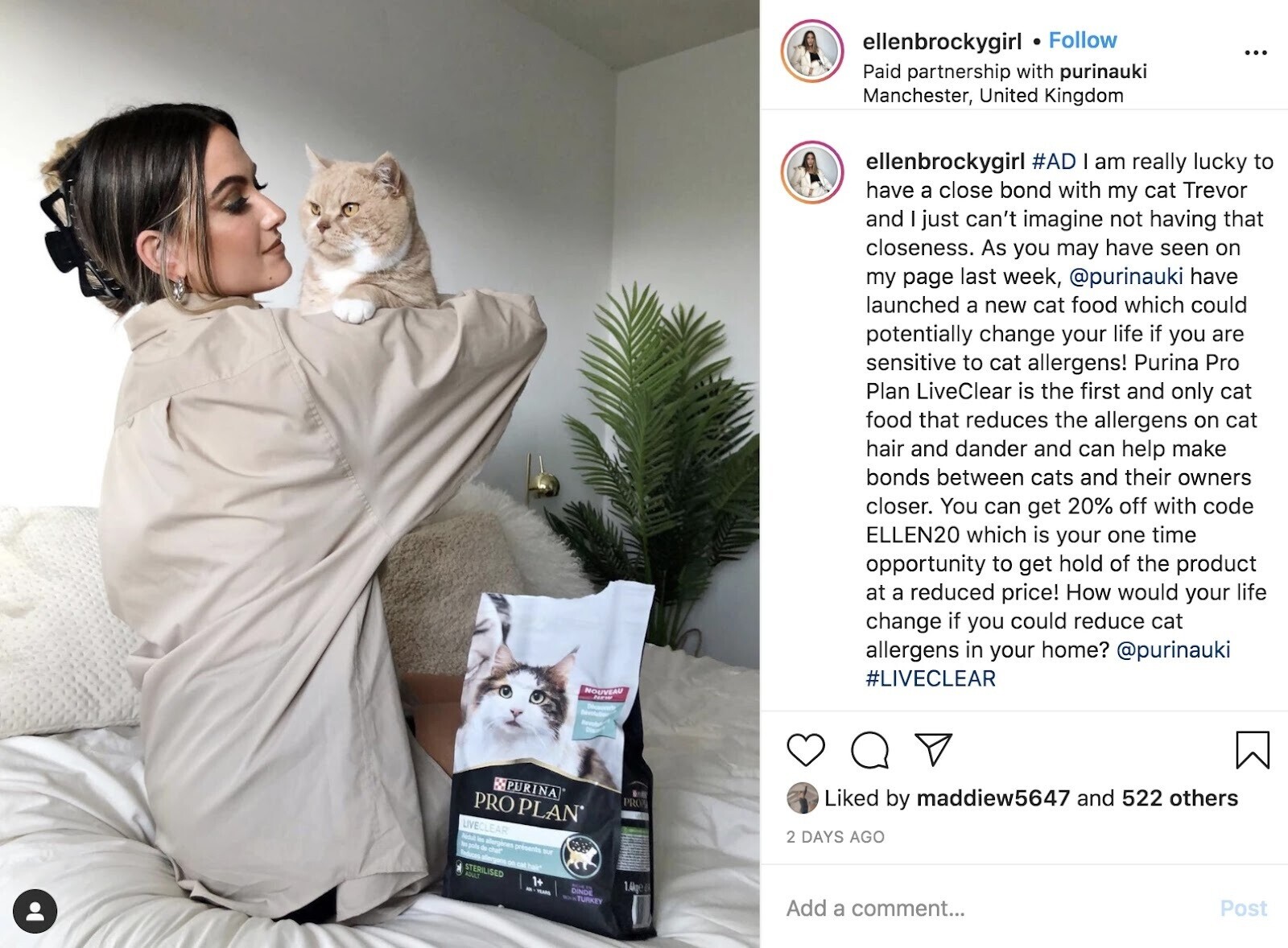 "@ellenbrockygirl" promotes Purina successful  her Instagram post
