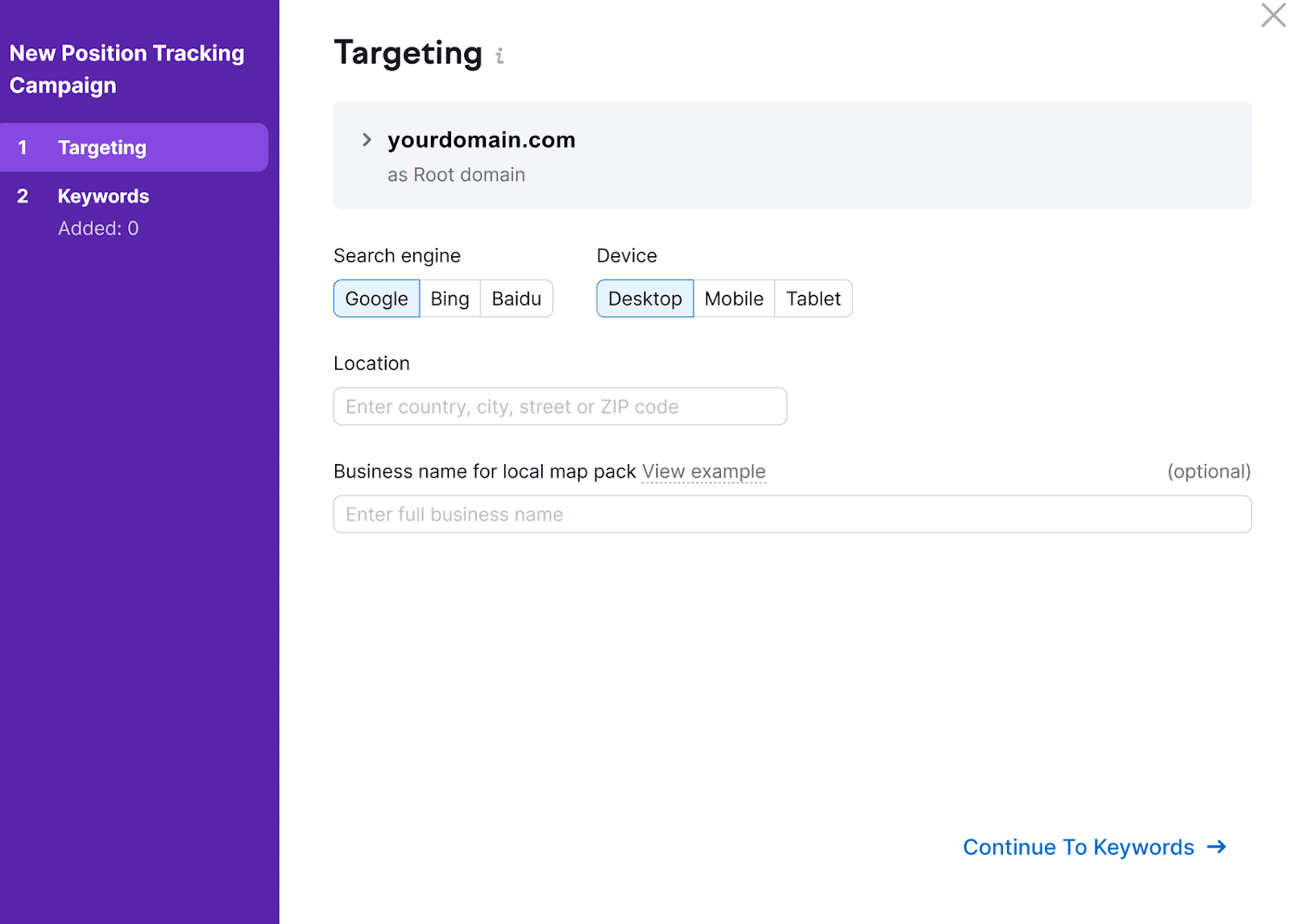 Position Tracking interface for new position tracking campaign with targeting options for domain, search engine, etc.