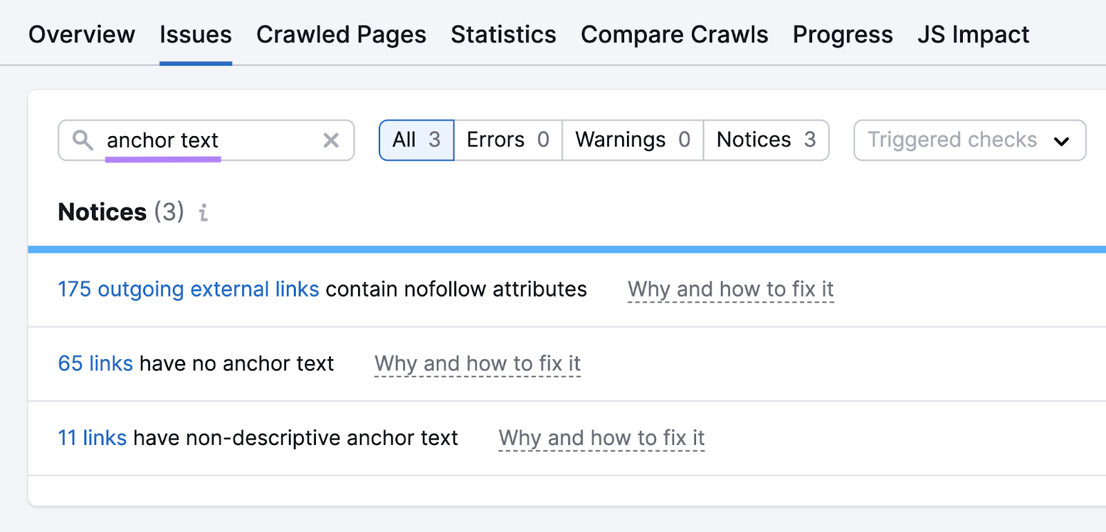 anchor substance   issues successful  tract  audit shows notices for outgoing outer  links containing nofollow attributes, nary  anchor text, and non-descriptive anchor text