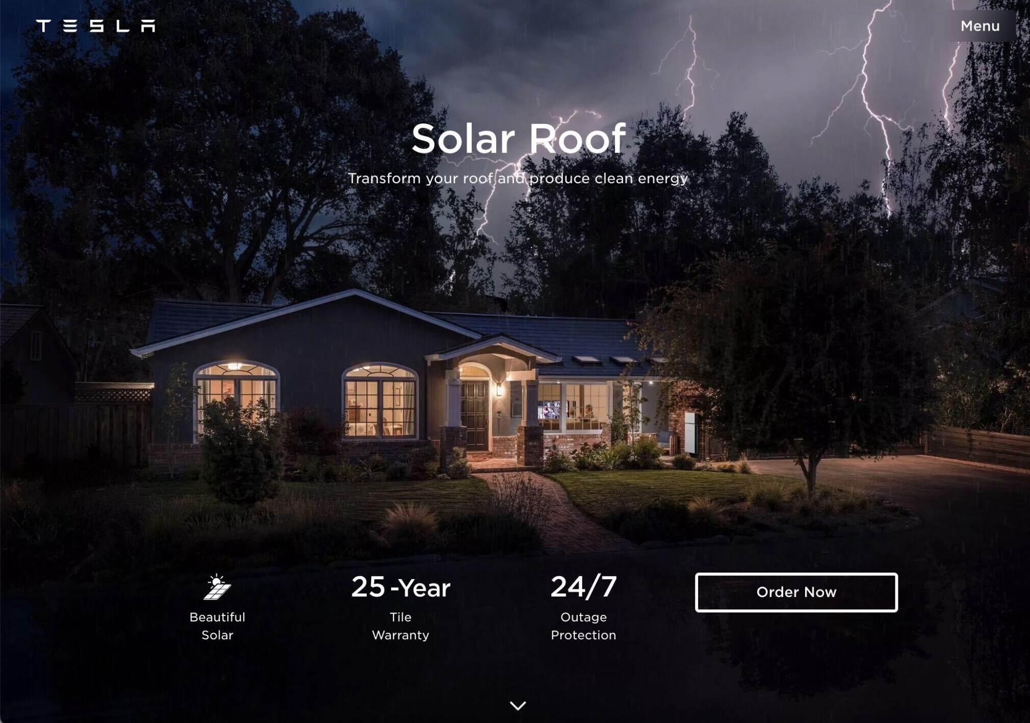 Tesla's solar roof landing page with an image of a house going through a lightning storm
