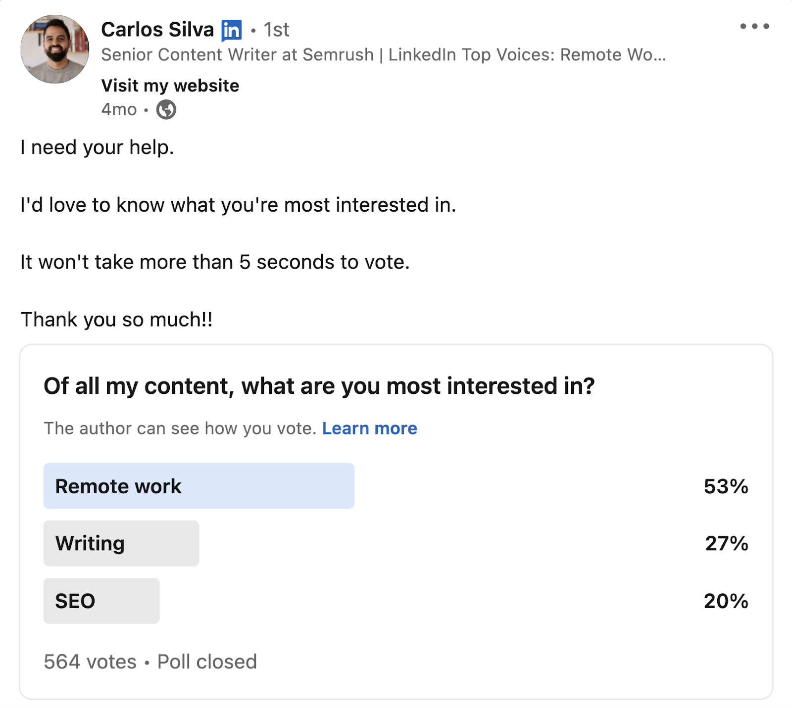 Carlos Silva's LinkedIn post including a poll asking users what kind of content they like to see