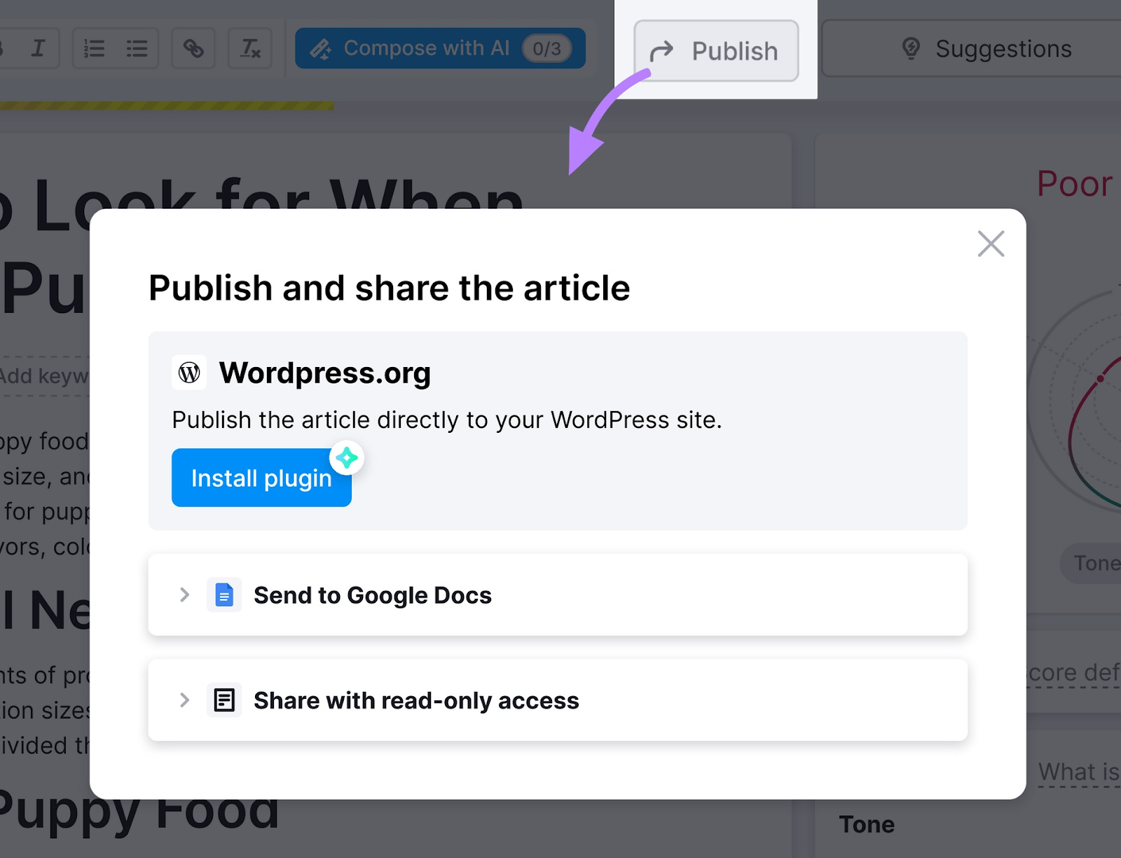 "Publish and share the article" section opens after clicking "Publish" button