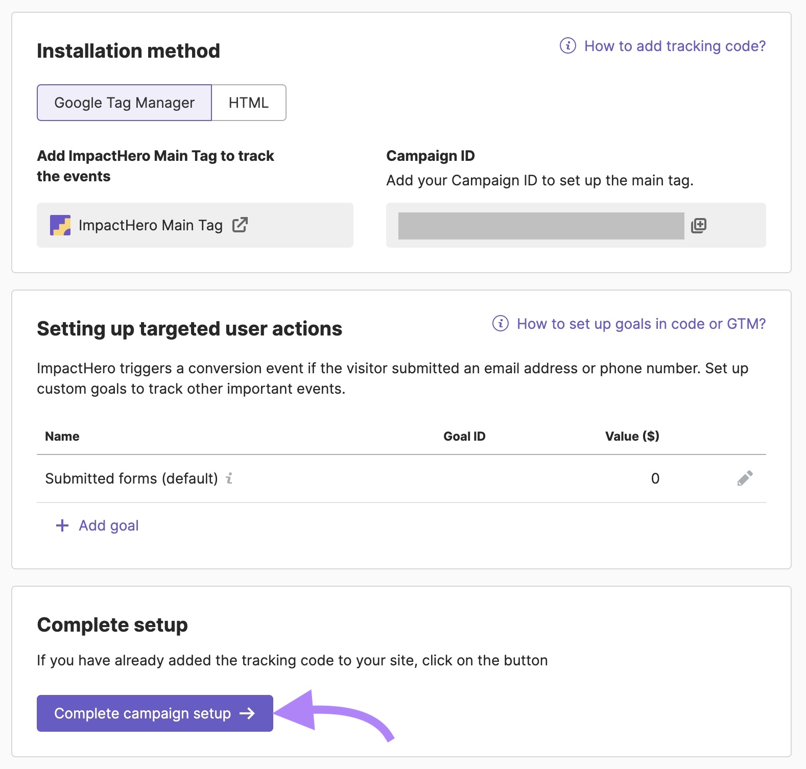 "Installation method" leafage   connected  ImpactHero with "Complete run  setup" clicked