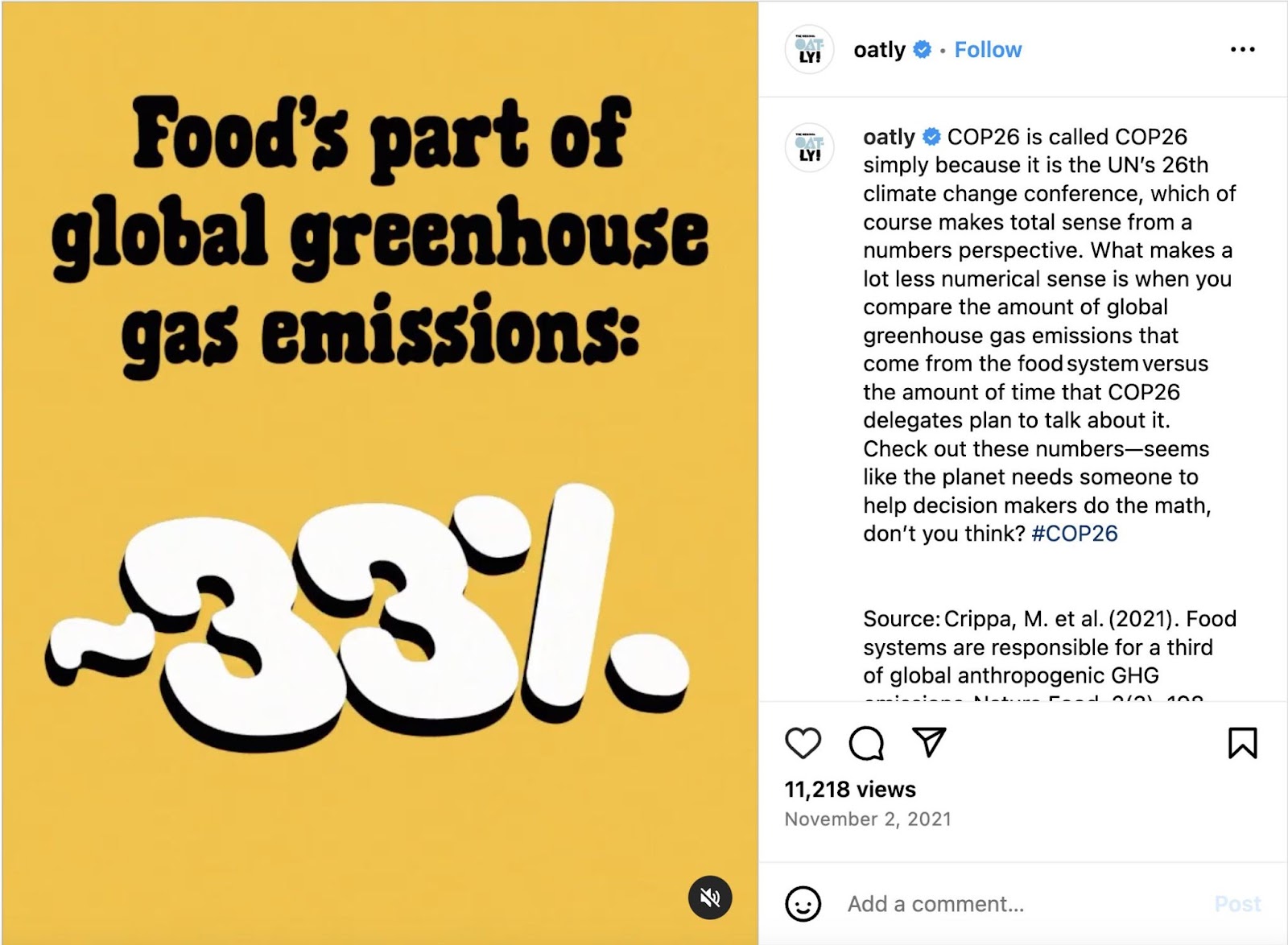 Oatly's Instagram post sharing information from Nature Food