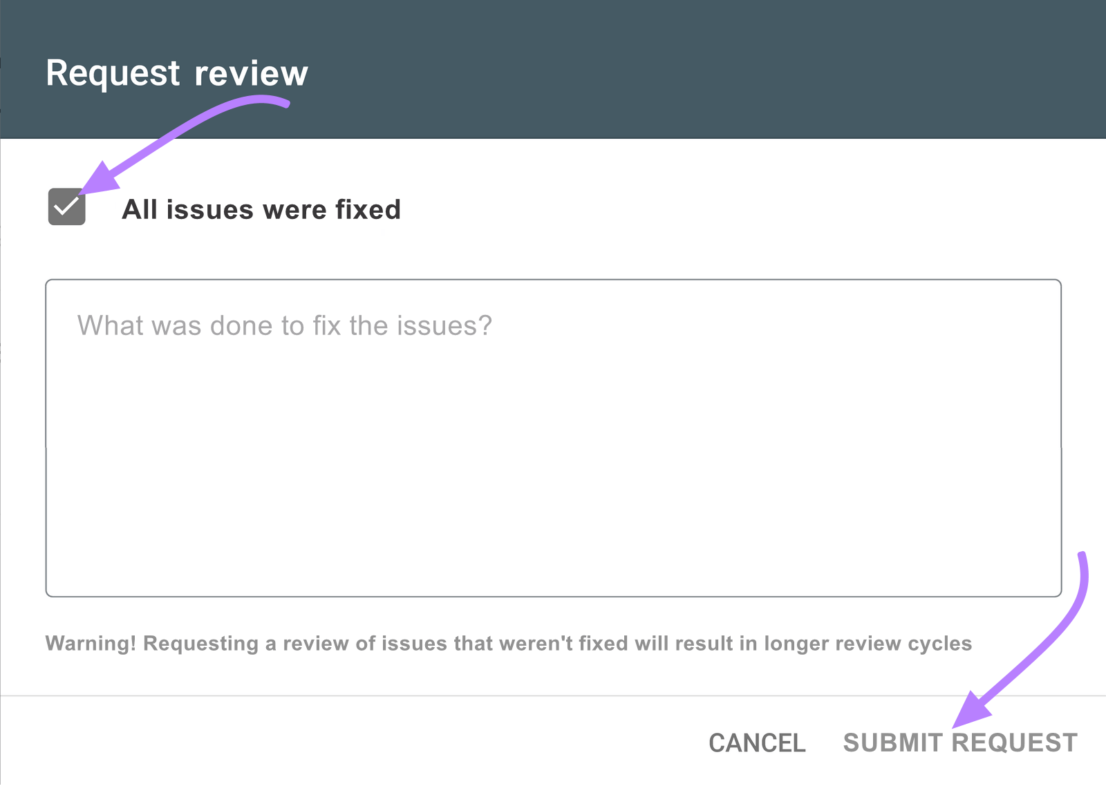 "Request review" popup in GSC