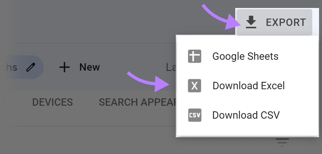 “EXPORT” button lets you open your data in Google Sheets, or download Excel or CSV file