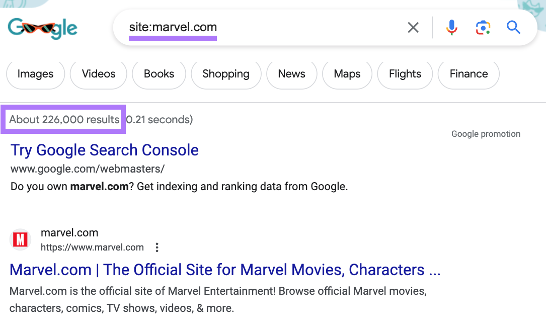 Google search for "site:marvel.com" shows about 226,000 results in 0.21 seconds